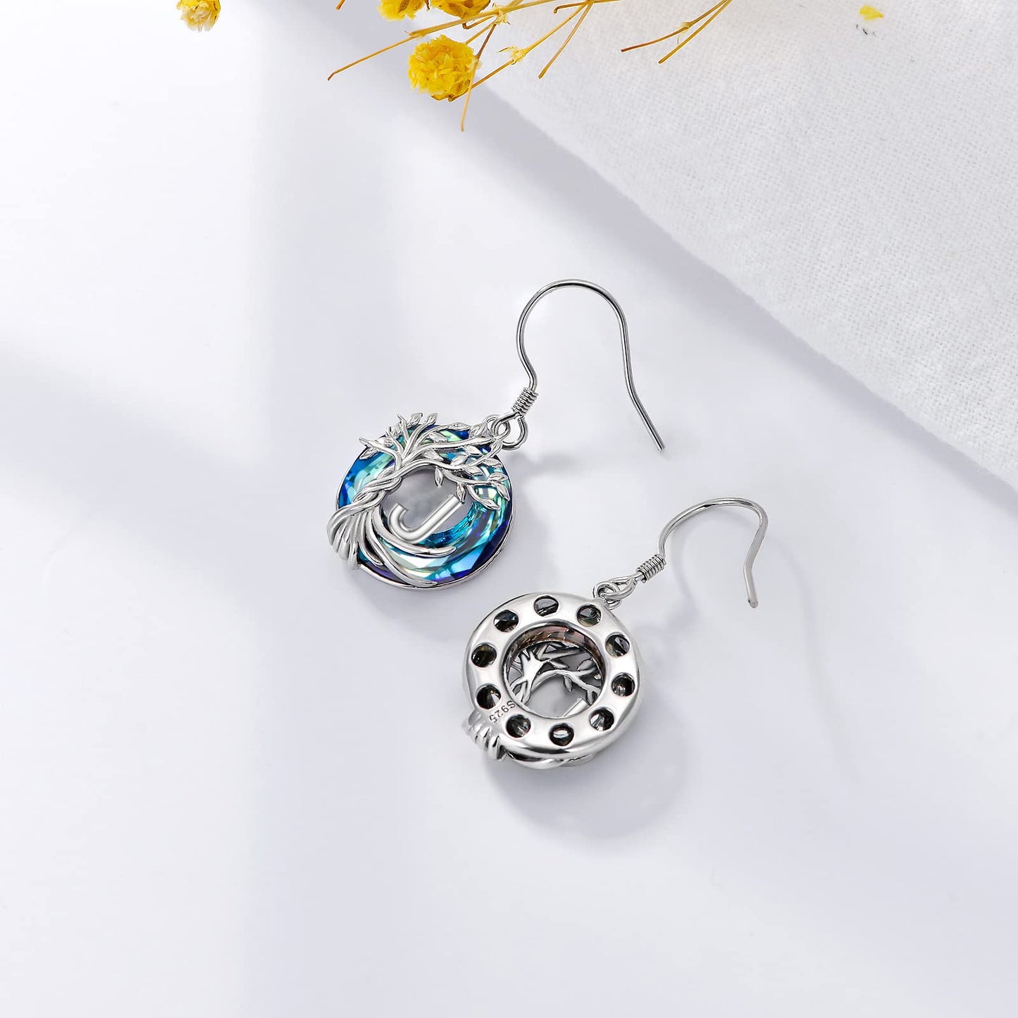 TOUPOP Tree of Life Initial Earrings Sterling Silver Initial J Letter Drop Dangle Earrings Blue Circle Crystal Family Tree Jewelry Birthday Mothers Day Gifts for Women Mom Her