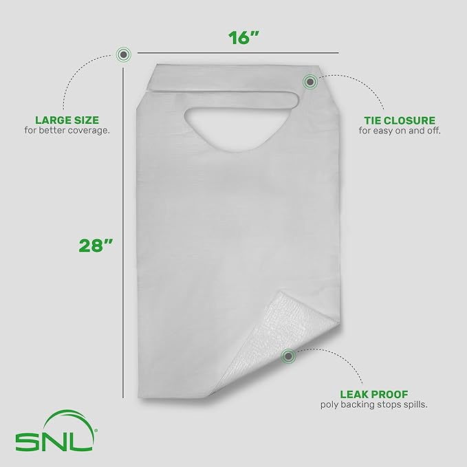 SNL Quality Disposable Adult Poly-Lined Bibs - 16" X 28" - Tie-Back (Pack of 100)
