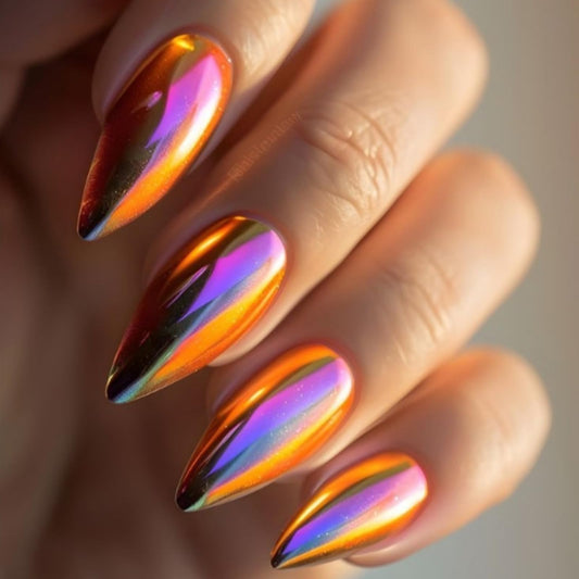 24Pcs Chrome Press on Nails Medium Almond Fake Nails Black Aurora False Nails Glossy Quality Nail Tips Full Cover Glue on Nail Laser Acrylic Stick on Nails for Women Quick Manicure Kit
