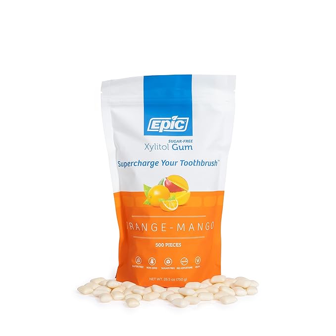 Epic 100% Xylitol Orange Mango Chewing Gum - Sugar Free, Aspartame Free Dental Gum - Supports Oral Health & Fresh Breath - 500 Pieces
