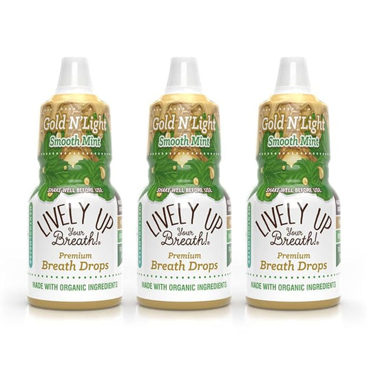Lively Up Your Breath - Gold N ‘Light Mint liquid breath freshener, great taste, potent lighter milder feel, restorative, cleansing, honey based, 3pk – 8 ml FL. OZ
