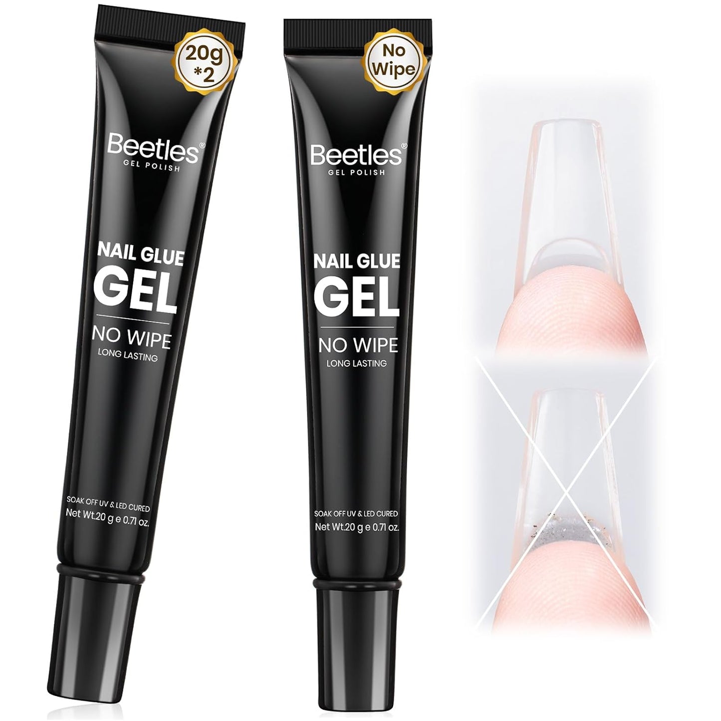 Beetles 2Pcs 20g Nail Glue Gel, No Wipe, Hands-Free Tipex Solid Nail Glue Gel, Super Strong for Acrylic Nails Extension Fake Nails, 3D Nail Art, Great for Home & Salon Use, U V Light Required
