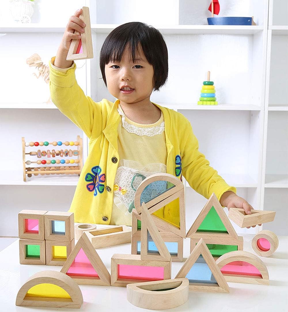 Agirlgle Wood Building Blocks Set for Kids 24 Pcs Rainbow Stacker Stacking Game Construction Toys Set Preschool Colorful Learning Educational Toys - Geometry Wooden Blocks for Boys & Girls
