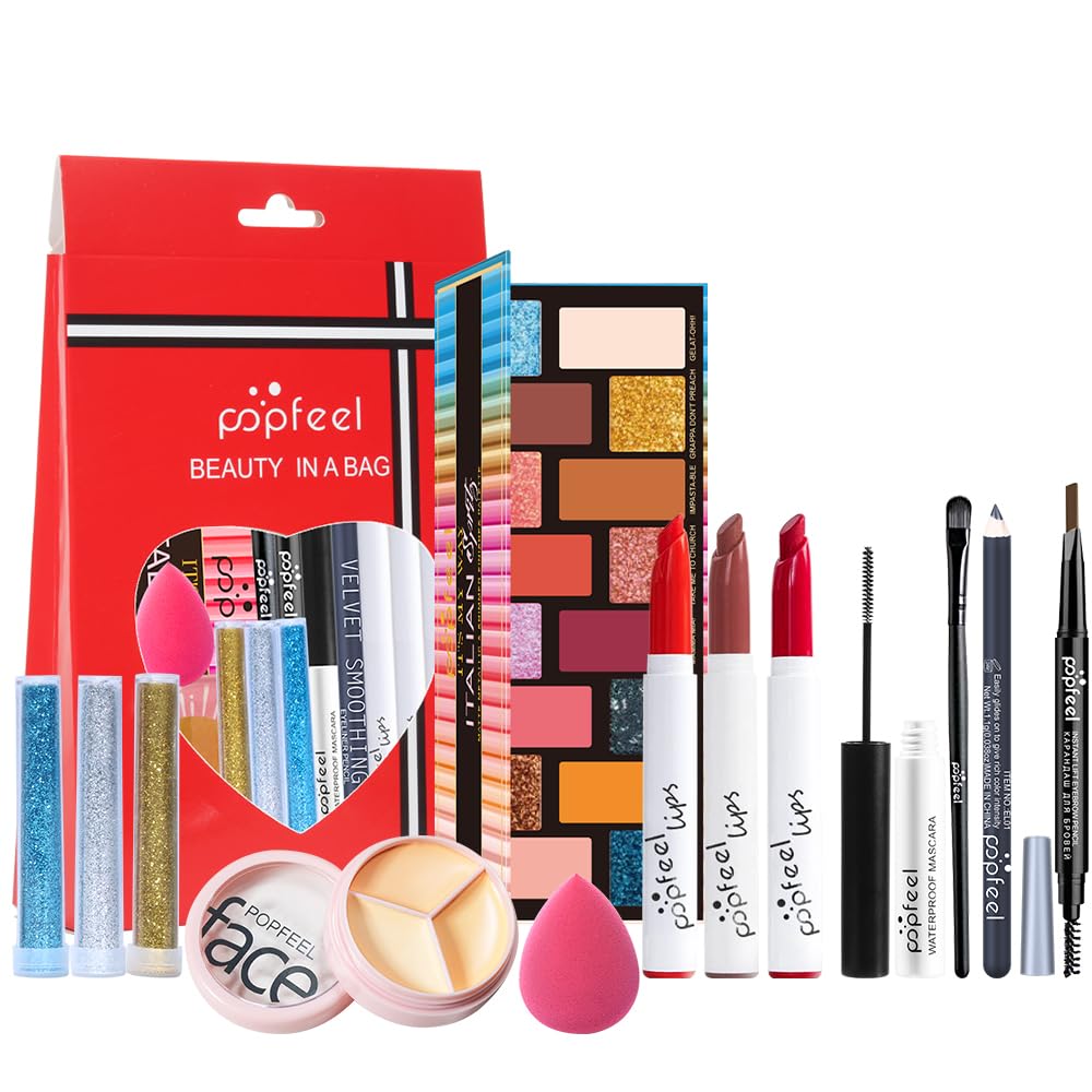 All in One Eyeshadow Palette Makeup Set, Makeup Kit with Rich Color Matte Matalic Shimmer Shadow, Mascara, Concealer Lipstick,Travel Makeup Bundle Holiday Surprising Makeup Box for Women Girl