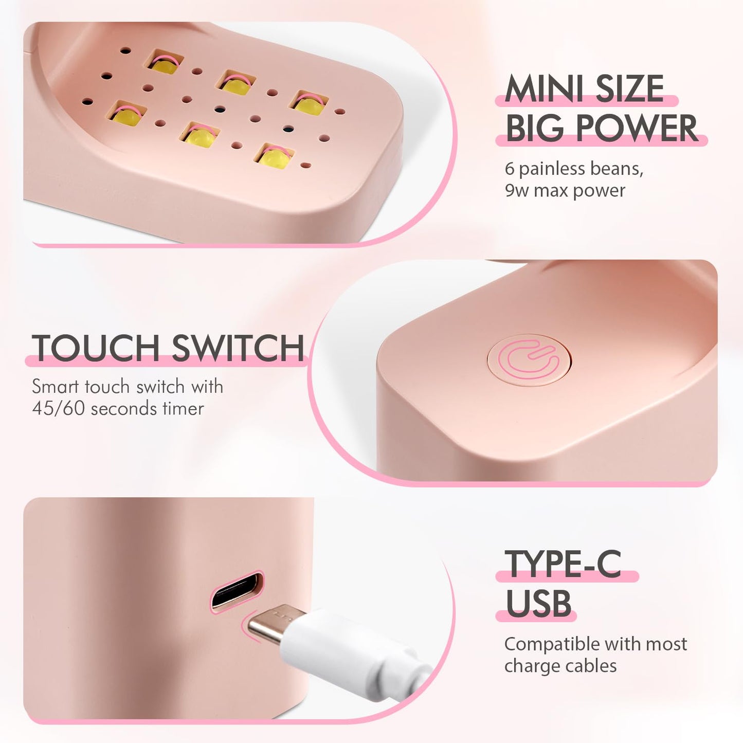 VSALON Press On Nails Short Almond, Pink Cat Eye Ombre Fake Nails Kit & Lamp