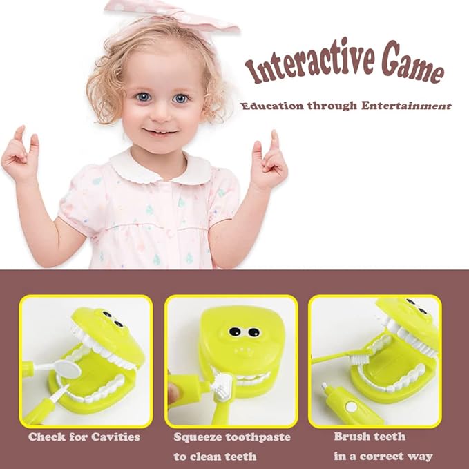 Bundle 19PCS = 9PCS Plastic Simulation Dentist Play Set （Yellow） + 10PCS Plastic Dinosaur Simulation Dentist Play Set (Green)