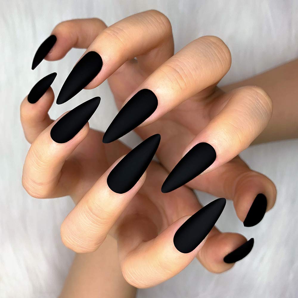 Morily Press-On Nails Bundle | Black Stiletto Matte & Black Stiletto Glossy Crystal | 24Pcs Each Set, Medium Length Long False Fake Nails