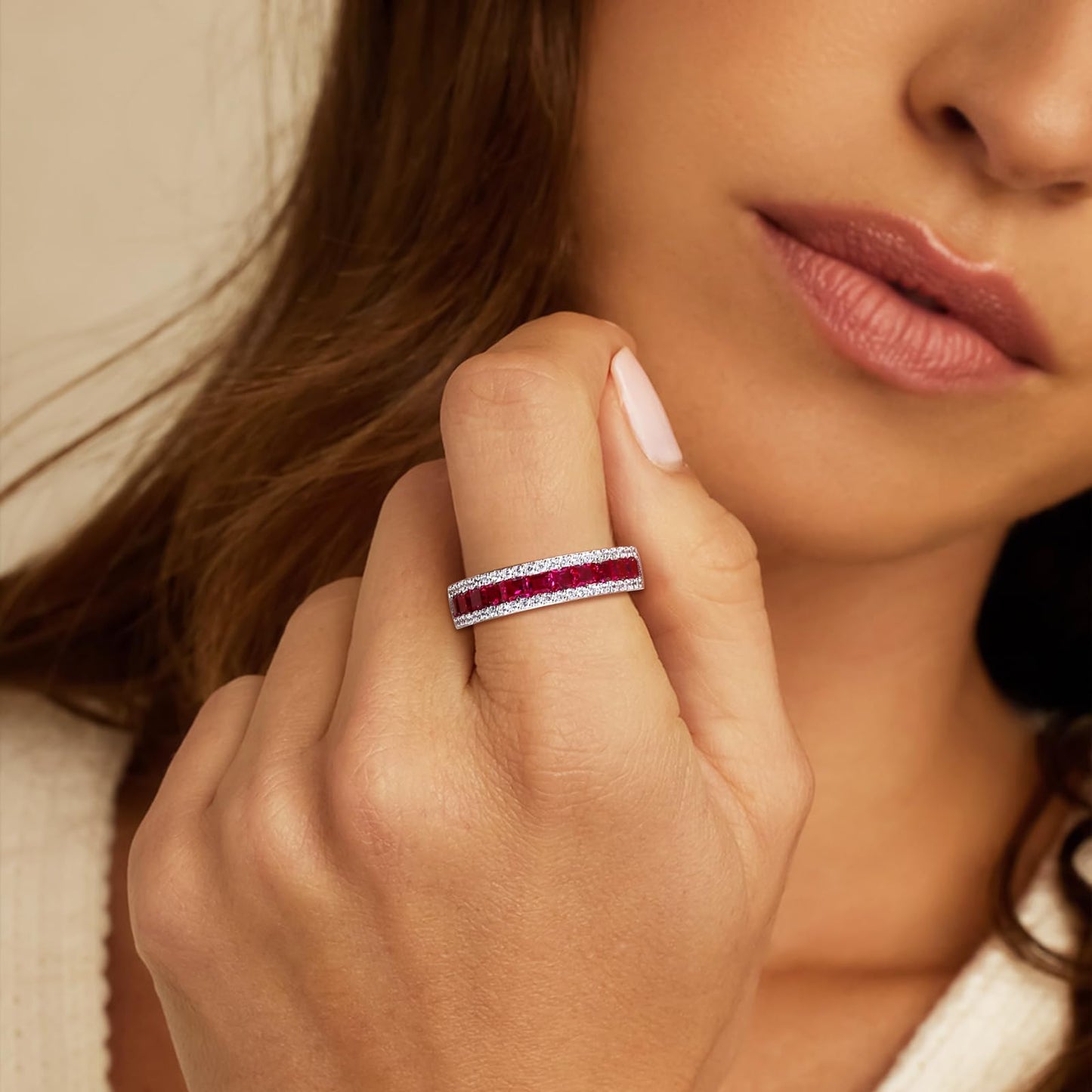 RANDES Red Gemstone Ring Sterling Silver Anniversary Bands for Women 5mm Wide Channel Set Half Eternity Wedding Band Ruby Birthstone Rings Size 9