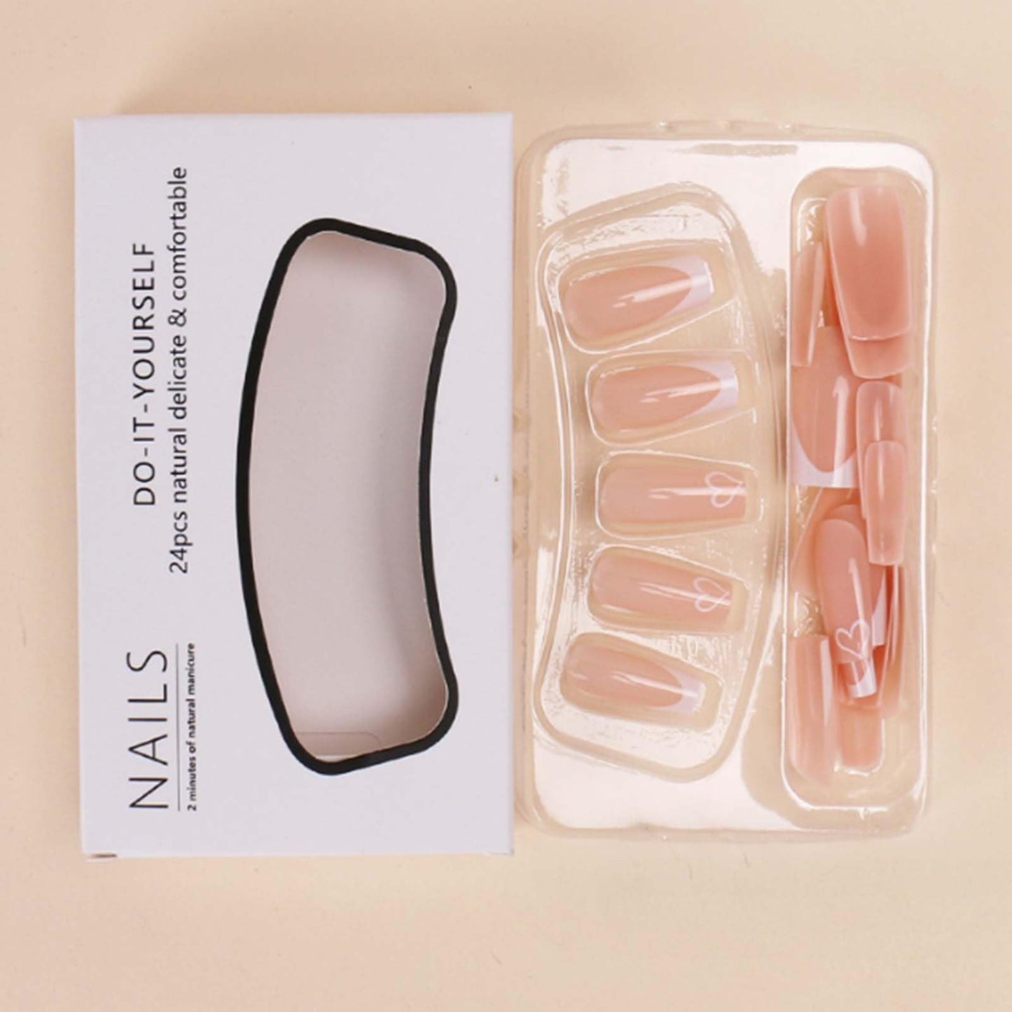 Gifiky Short French False Nails Coffin Press on Nails Nude Nails Tips Full Cover Cute Fake Nails for Women and Girls 24Pcs