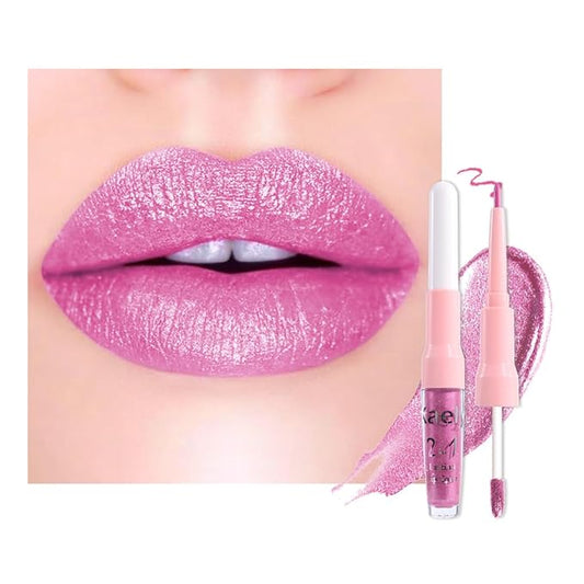 Kaely 2-in-1 Light Rose Pink Metallic Lipstick and Lip Liner, Shimmer Liquid Metallic Lipsticks for Women, Glitter Lip Gloss Stain Long Lasting Waterproof Smudge Proof 24 Hour, Vegan Makeup, 10