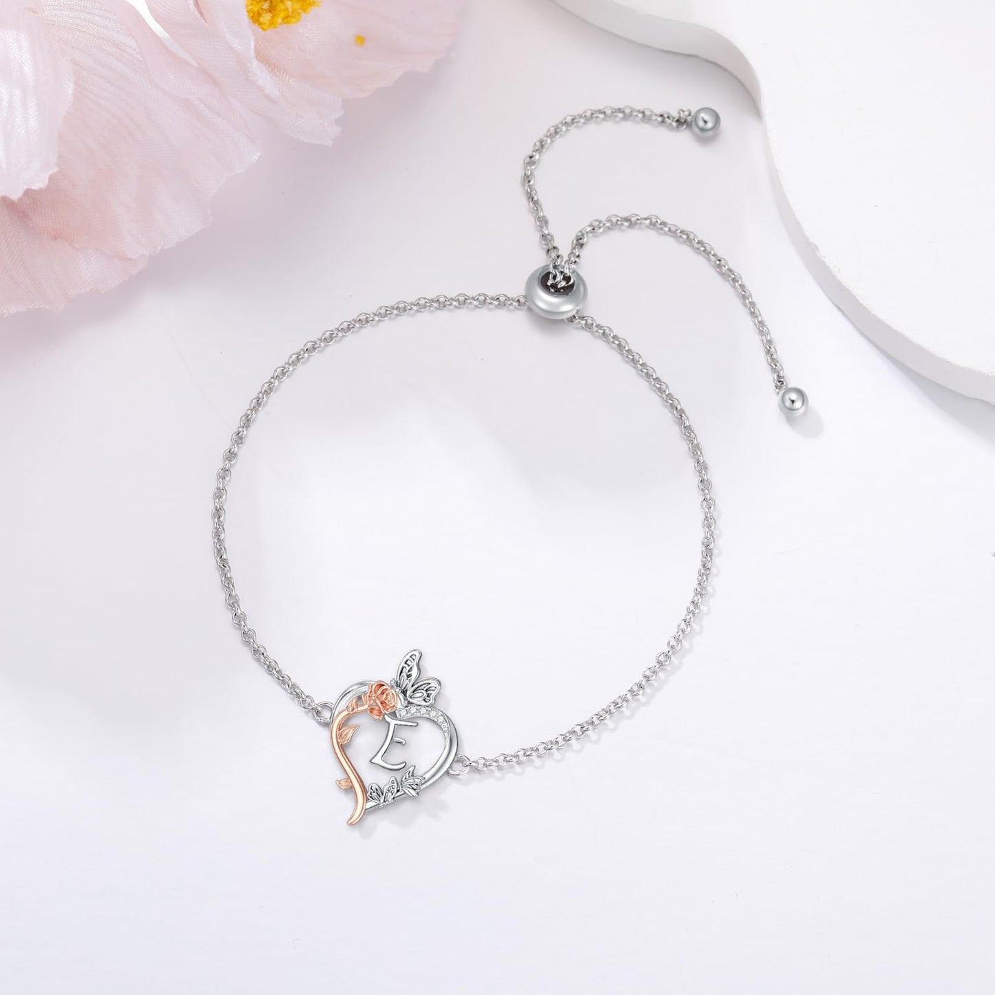 TOUPOP Rose Heart Bracelet for Women Sterling Silver Heart Initial E Letter Bracelet Butterfly Love Jewelry Anniversary Birthday Mothers Day Gifts for Mom Wife Her Girlfriend