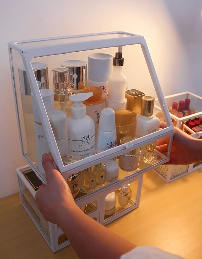 MOOCHI White Vintage Glass Cosmetic Makeup Organizer 3 Drawers Set Dust Waterproof Cosmetics Storage Display Case Countertop for Brushes Lipsticks Jewelry