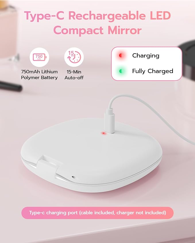Benbilry 3.9" Rechargeable Compact Makeup Mirror with 3 Light Colors and Magnification 1X / 10X, Double Light Strip Dimmable Small LED Travel Mirror for Purse, White