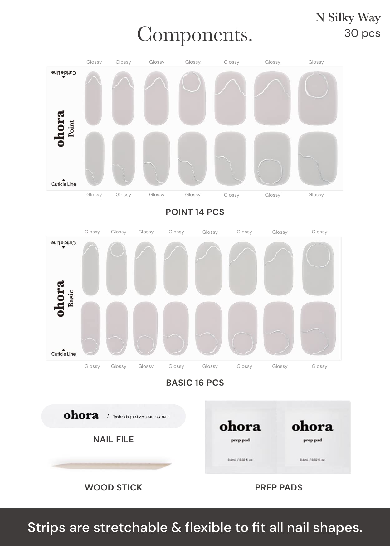 ohora Semi Cured Gel Nail Strips (N Silky Way) - Nude, Metallic, Works with Any UV/LED Lamps, Salon-Quality, Long Lasting, Easy to Apply & Remove - Includes 2 Prep Pads, Nail File & Wooden Stick