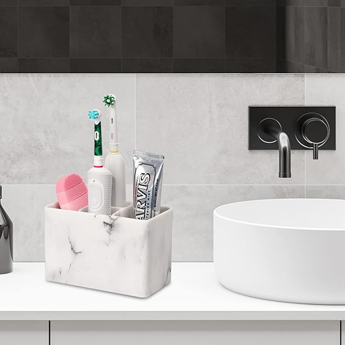 Bathroom Toothbrush Organizer Countertop-Toothpaste Storage Shaving Razor Holder/toothbrish Hanger/Vanity Counter Set… (White 4 Small Slot)