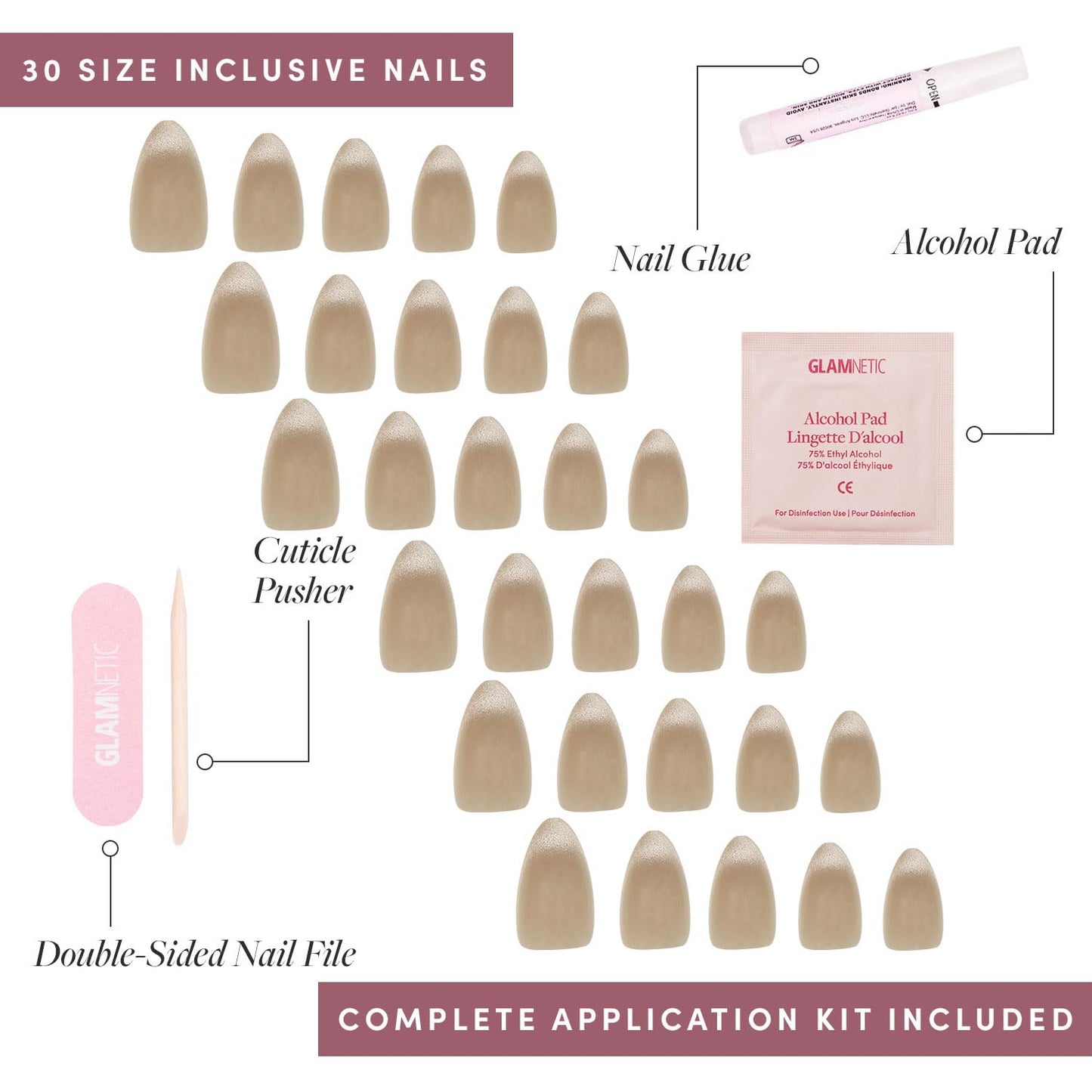 Glamnetic Press-On Nails Bundle - Rosé & Honey Bun | Short Almond Rosy-Pink Nails with a Mesmerizing Metallic Finish | Neutral Nude Velvet Sparkly Short Almond Fake Nails | Reusable Nail Kits