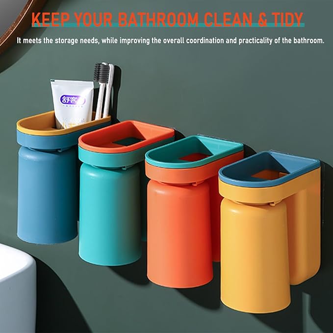 Toothbrush Holder Wall Mounted with Cup,2-in-1 Toothbrush Holders & Cups Set,Inverted Design for Easy Cleaning and draining,Stick-on Toothbrush Holder for Bathroom (Orange)