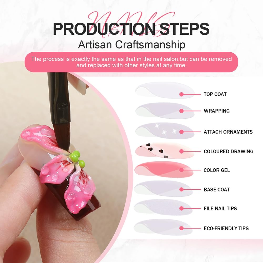 Handmade Press on Nails Long Stiletto False Nails French Tip Fake Nails with 3D Flower Designs Sparkly Green luxury Artificial Nails Reusable for Women 10pcs (Size M）