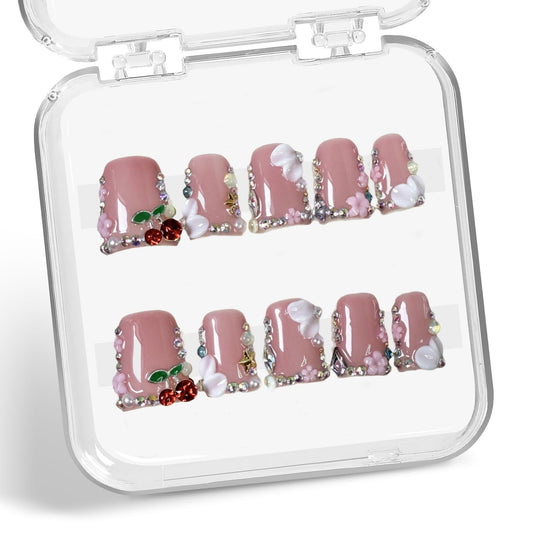 Duck Press on Nails Duck Handmade Press on Nails 3D Luxury Rhinestone Cherry and Pearl Acrylic Fake Nails Designs Flower Stick on Nails Full Cover Thickened False Nails for Women Nail Art DIY（M)