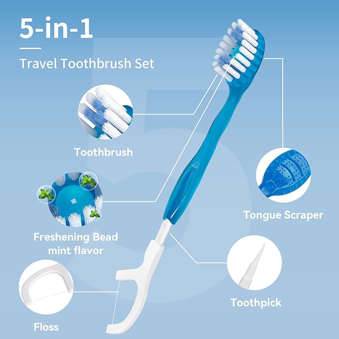 60 Count Disposable Mini Travel Toothbrushes Individually Wrapped, 5-in-1 Pre-Pasted Mini-Brush+Floss+Pick+Tongue Scraper, On The Go Portable Toothbrush with Freshening Bead, Coolmint