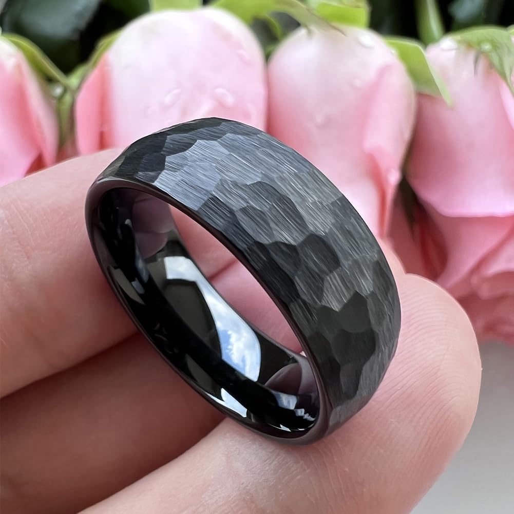 TUTISS 8mm Black Hammered Tungsten Carbide Rings for Men Women Engagement Wedding Bands Domed I Love You Engraved Comfort Fit Size 10