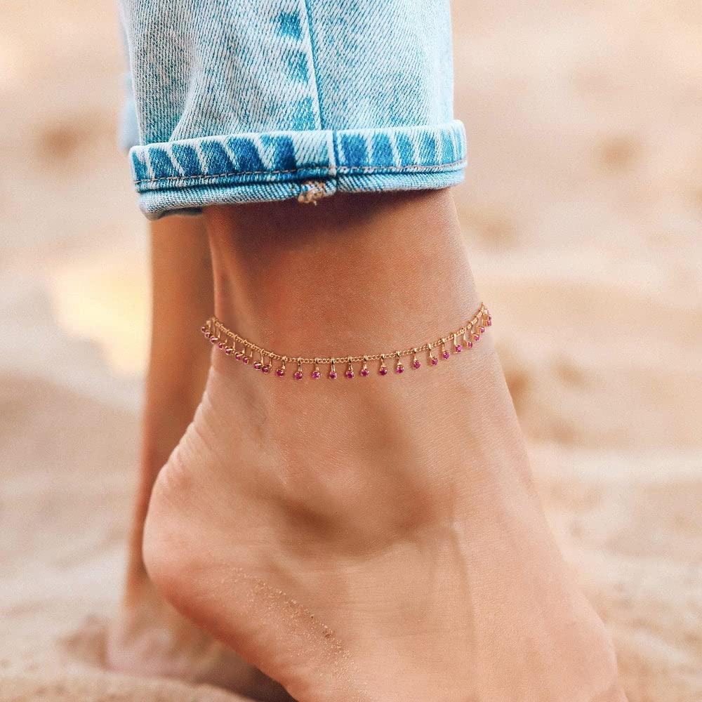 MTMY Gold Anklets for Women 14K Gold Plated Green Rose Colorful Cubic Zirconia Tassel Foot Chain Dainty Cute Summer Beach Boho Anklets Jewelry Gift (nano-rose)
