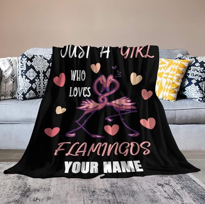 Custom Flamingo Throw Blanket Gifts with Name - 40 x 50 Inches Funny Throws for Kids - Black Fluffy Fuzzy Plush Blankets for Work