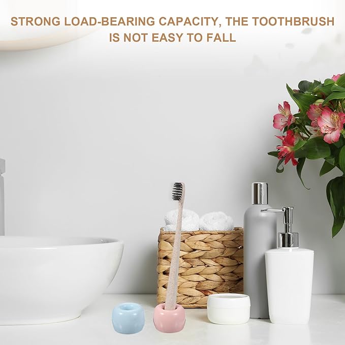 uxcell 2 Pcs Mini Ceramics Toothbrush Holder Stands, Sleek Mini Countertop Toothbrush Round Shape Ceramic Holder Stand for Bathroom Vanity Countertops, Pink