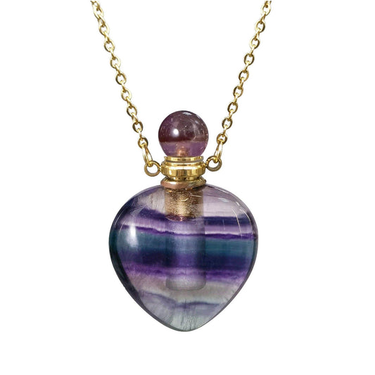 Ladywowu Perfume Bottle Necklace, Heart Shape Fluorite Crystal Necklace, Natural Gemstone necklaces for Women, Heaing Stone Vial Necklace Pendant for Liquid, Essential Oil