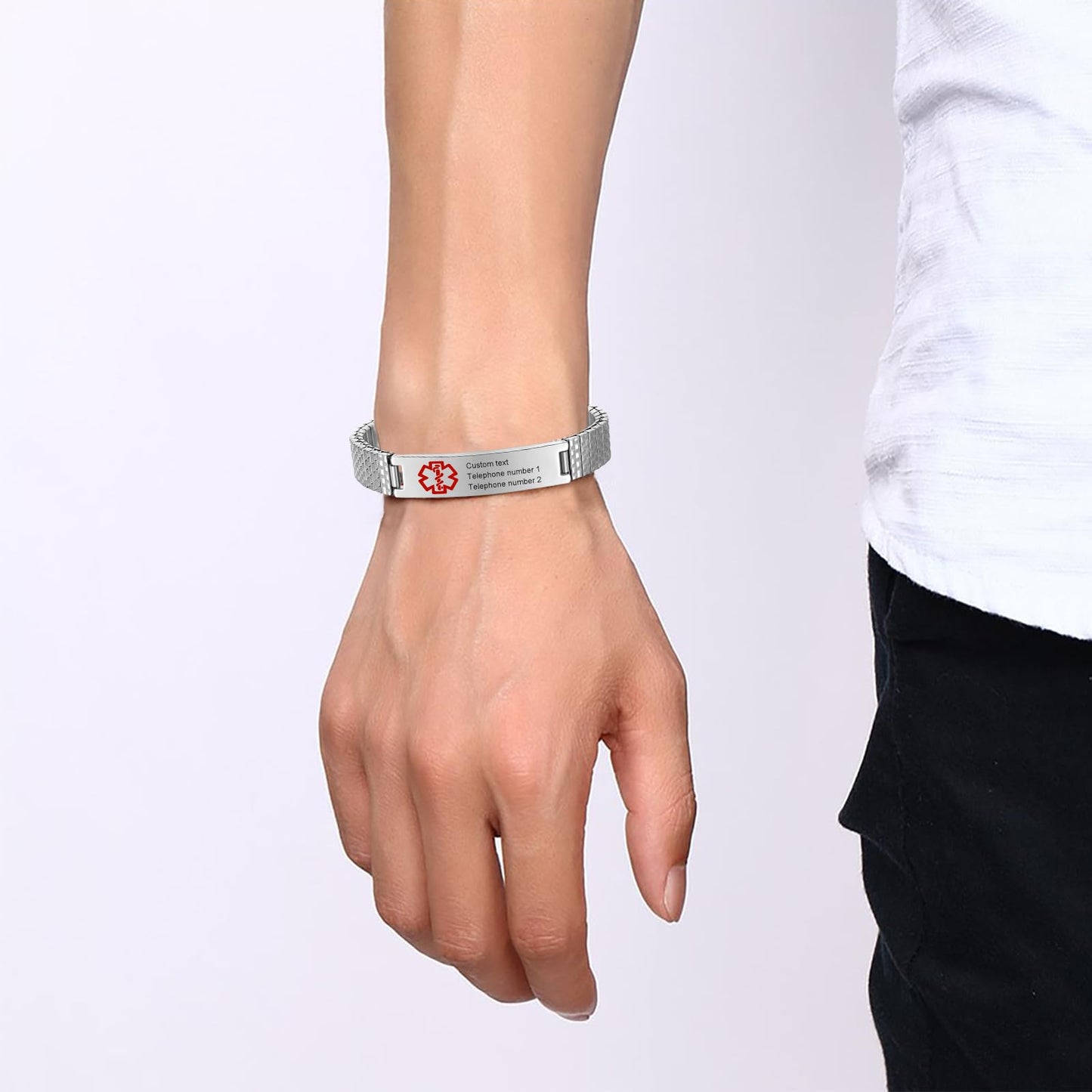 Personalized Medical ID Bracelets for Men - Custom Emergency Alert Bracelet for Women Engraved Medic Info Elastic Stainless Steel Bracelets for Family Autism Allergy Diabetic Epilepsy (Silver, 19.5cm)