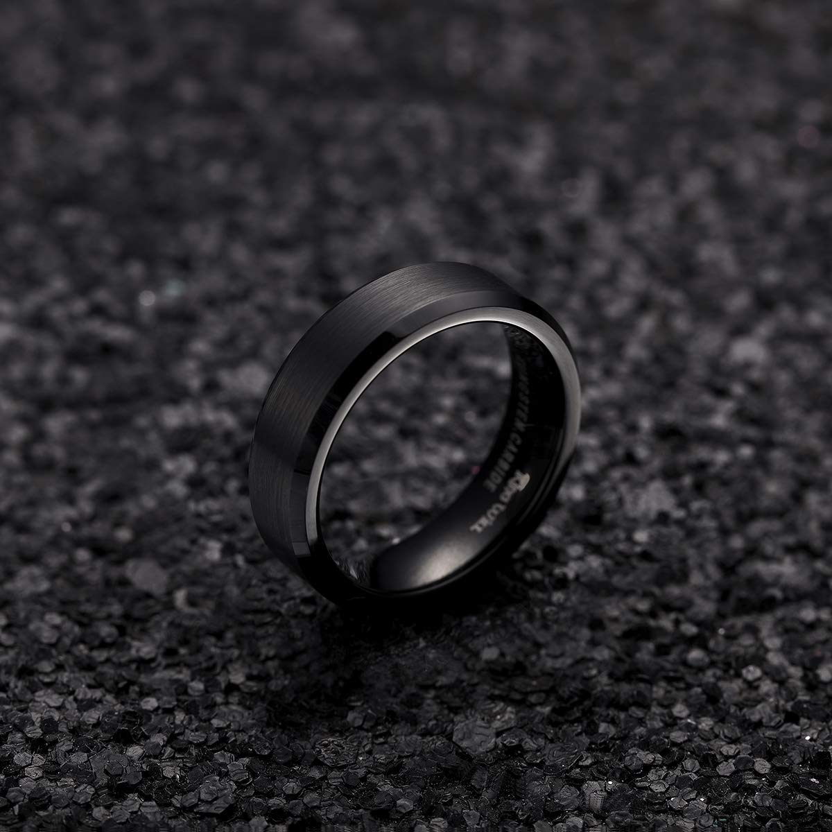 King Will 6mm Men's Black Wedding Ring - Brushed Matte Surface, Beveled Polished Edge, Comfort Fit Size 10