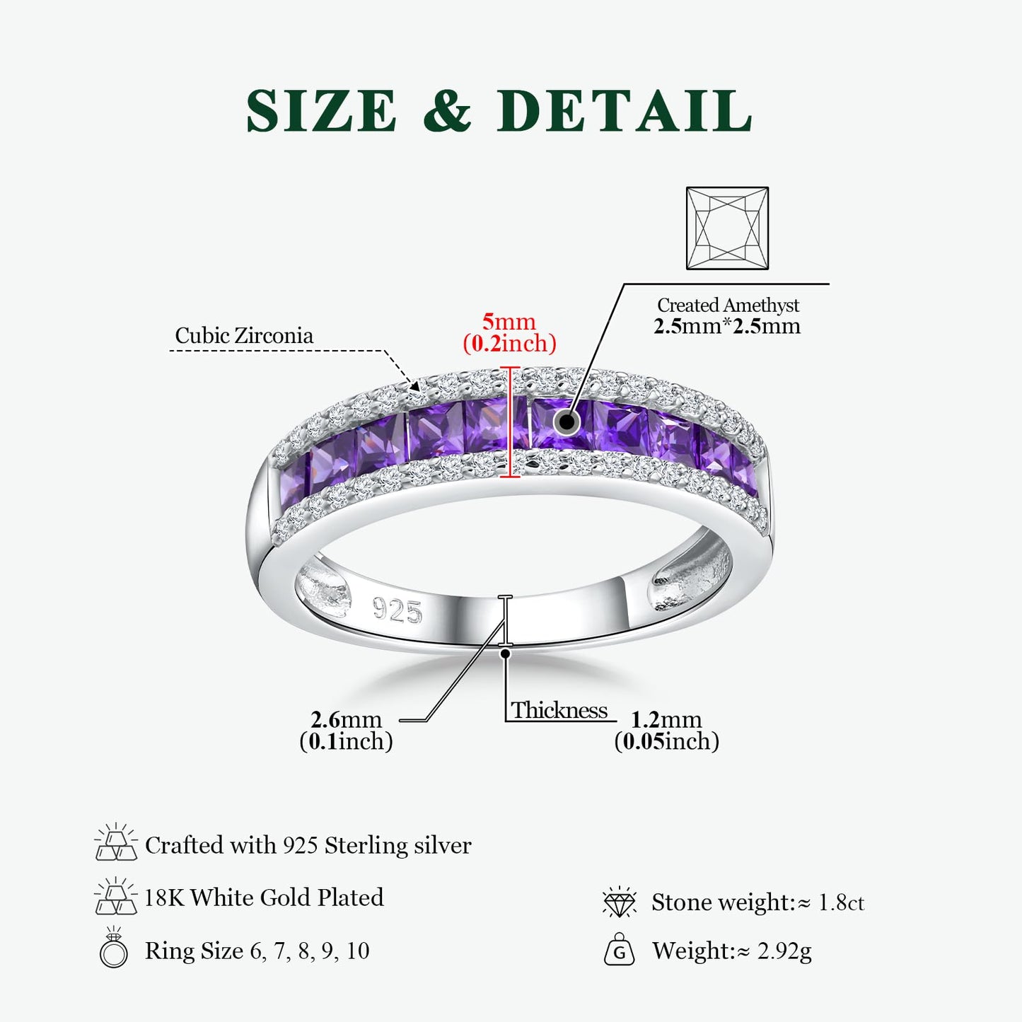 RANDES Amethyst Ring Eternity Band 925 Sterling Silver Channel Set Purple Stone Rings for Women February Birthstone Ring Size 8