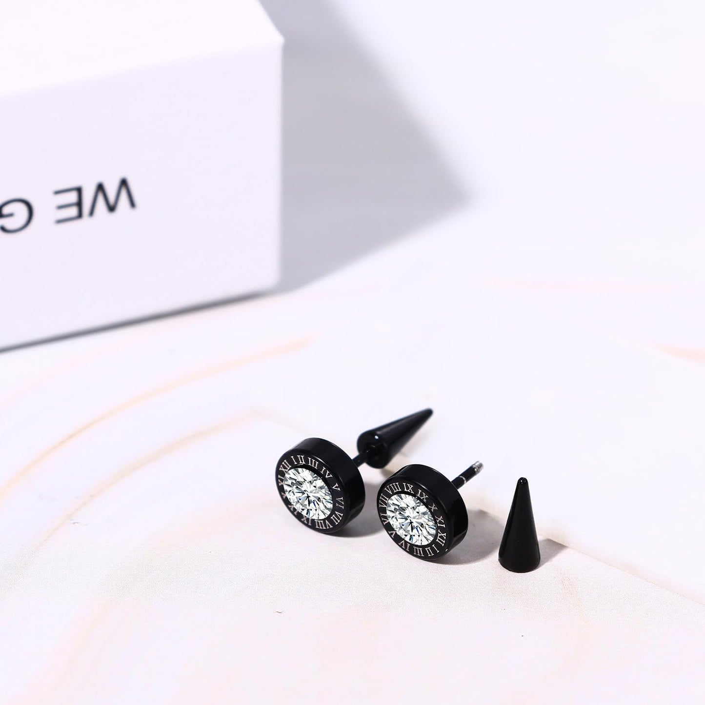 Aroncent Mens Stud Spiked Earrings: Stainless Steel Round Roman Numerals White Gold 9mm Hypoallergenic Black Cubic Zirconia Stud Earrings for Men Women