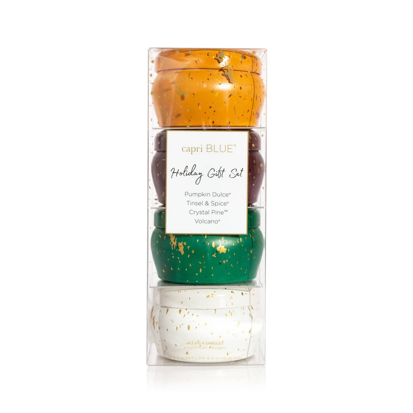 Capri Blue Glimmer Candle Holiday Gift Set - Volcano, Crystal Pine, Pumpkin Dulce, Tinsel & Spice - Luxury Aromatherapy Candles - 3 Oz Each