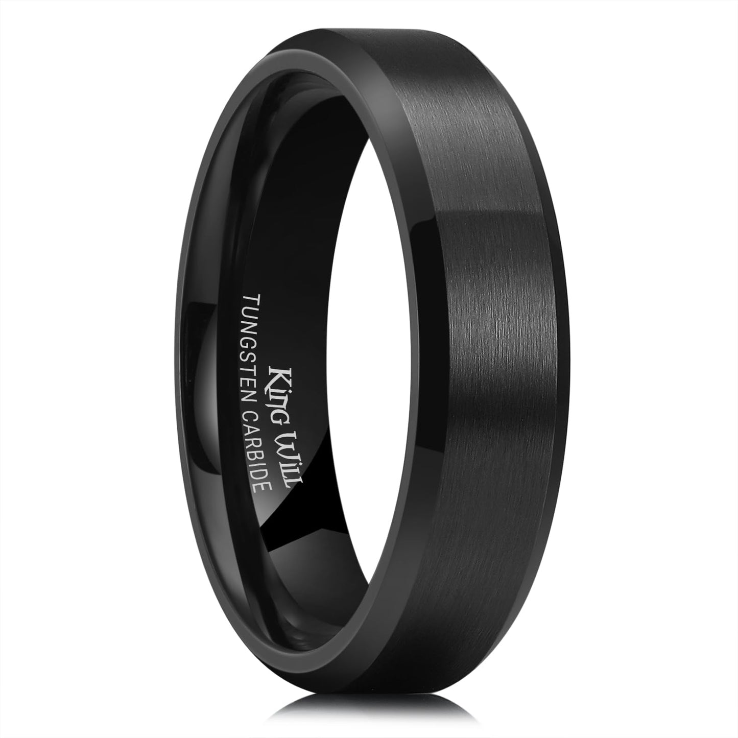 King Will 6mm Men's Black Wedding Ring - Brushed Matte Surface, Beveled Polished Edge, Comfort Fit Size 12