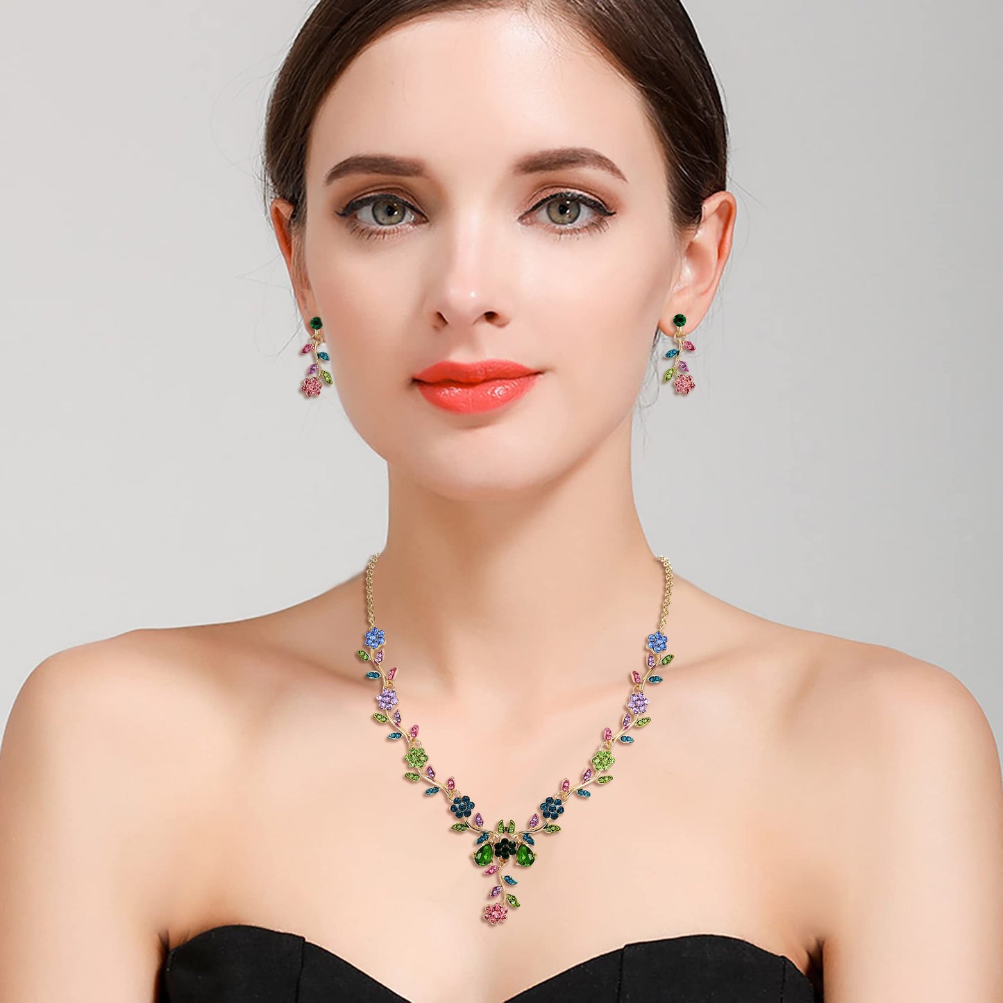 BriLove Women's Wedding Jewelry Leaf Cluster Flower Crystal Dangle Earrings Pendant Necklace Set for Bridal Multi Colour Gold-Tone