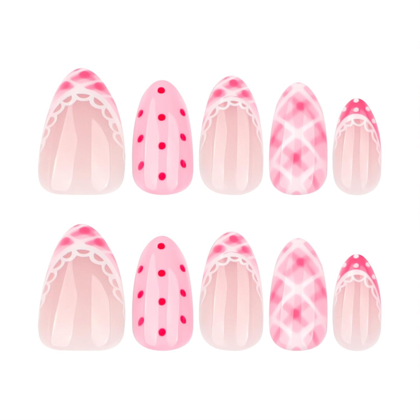 Mivota Short Almond Press On Nails Pink Acrylic Fake Nails French Tip with Gingham Plaid, Polka Dot Design, Glossy Cute Stick On Nails for Women Girls Daily Wear Date Party Manicure 24PCS