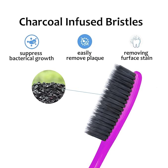 EasyHonor Huge Head Toothbrush, Medium Soft Toothbrush BPA Free for Proper Dental Care, 4 Pack with Black Charcoal Bristles.
