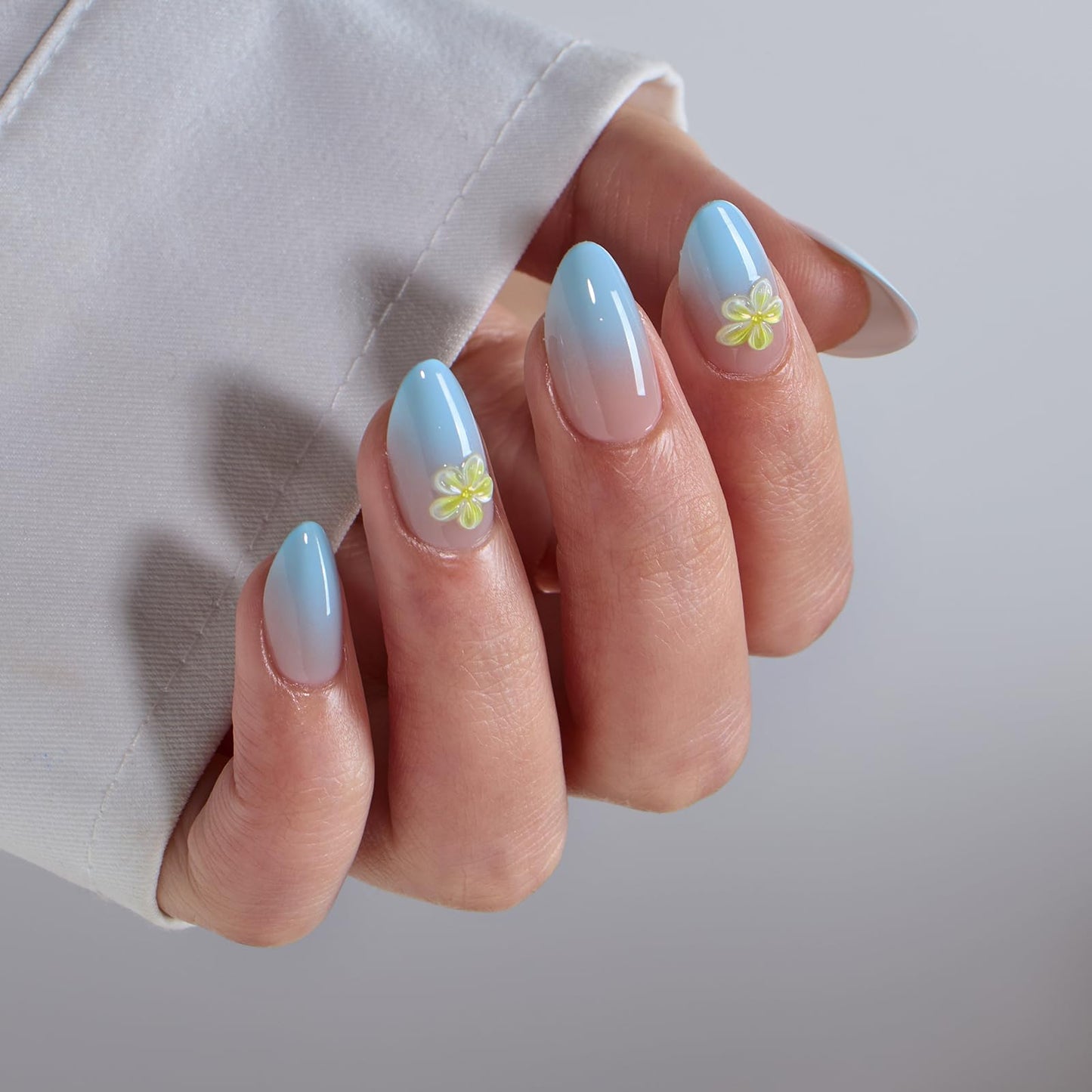 BTArtbox Press On Nails Short Ombre- Flower Almond Press On Nails with Glue for Women, Opaque Soft Gel Glue On Nails in 16 Sizes - 32 Stick On Nails Kit, Garden Party