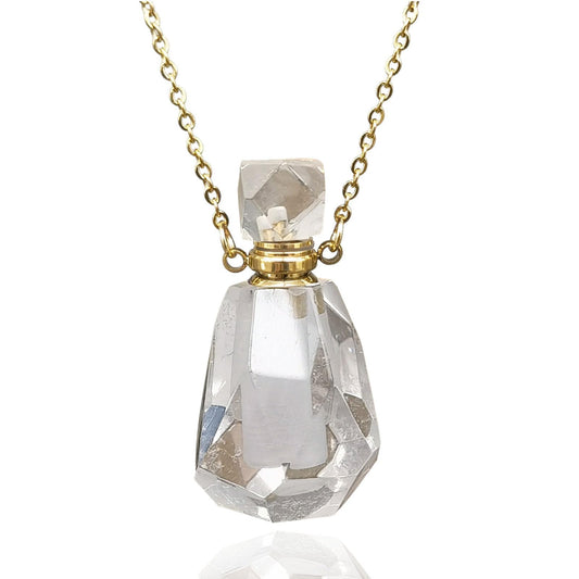 Ladywowu Perfume Bottle Necklace Heart Shape, Amethyst Necklace Healing Crystal for Women, Essential Oil Diffuser Bottle Necklace Jewelry for Liquid (Poly Clear Quartz-Gold)
