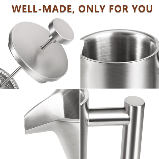 SZHETEFU French Press 34 OZ, Durable Stainless Steel French Press Coffee Maker, Double-Wall Insulated Coffee Presses for Travel Camping Tea, Easy to Use, Dishwasher Safe (Silver Matte)