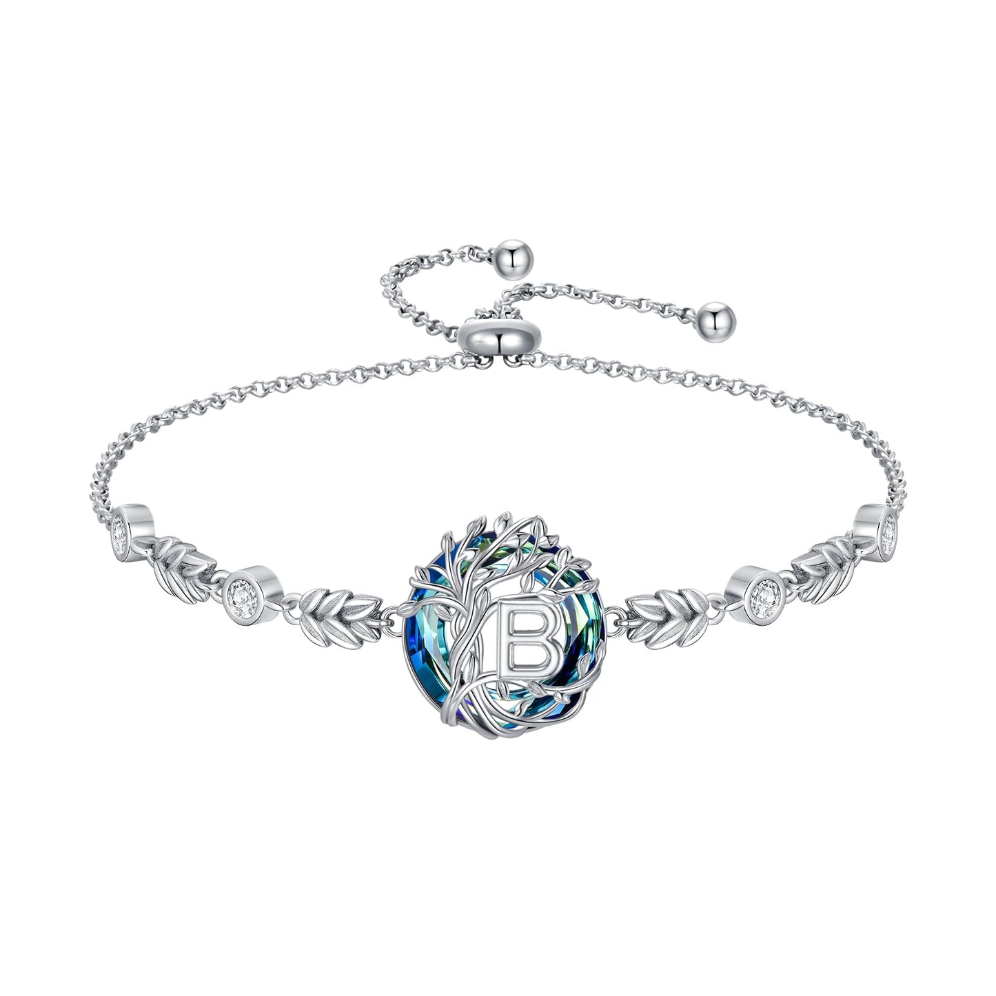 TOUPOP Tree of Life Initial Bracelet Sterling Silver Initials B Letter Link Bracelets Blue Circle Crystal Family Tree Birthday Mothers Day Jewelry Gifts for Women Mom Wife