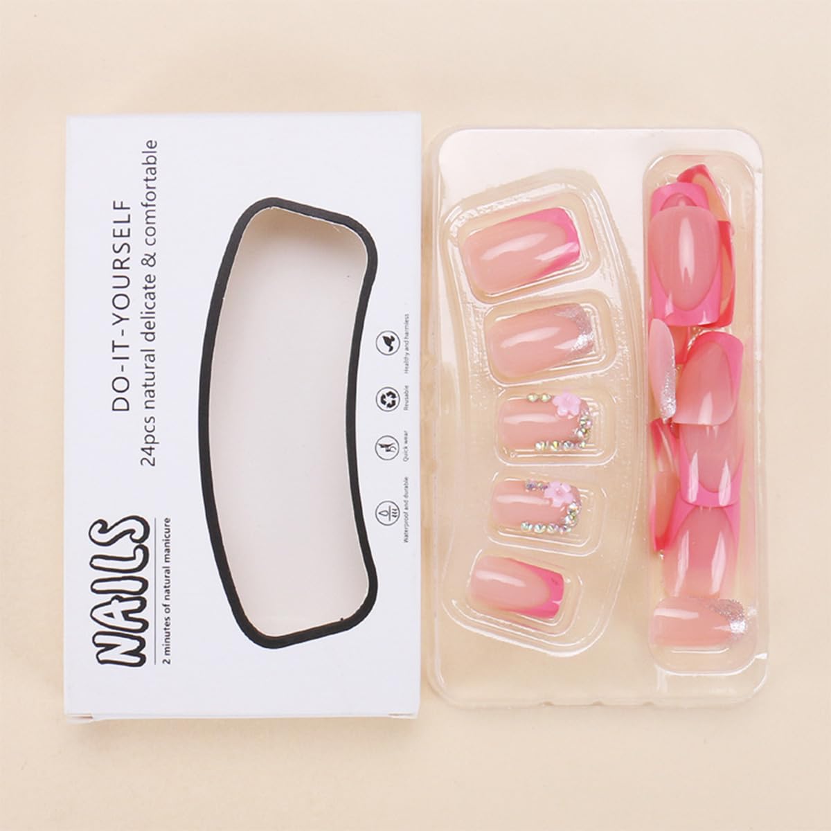 24Pcs Pink Flower Press on Nails Short Square French Tip Fake Nails Colour Rhinestones Design Luxury Shiny False Nails Nude Full Cover Artificial Glue on Nails Spring Nail Supplies for Women DIY Kit