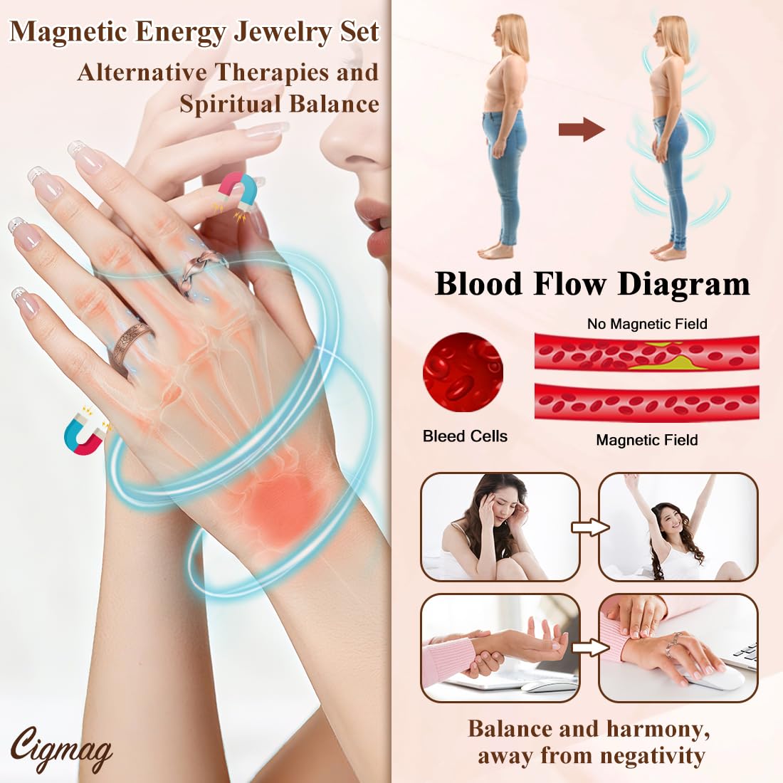 Cigmag 9X Magnetic Rings for Women, with Powerful Magnets, Adjustable Solid Pure Copper (Copper Plum & Fishtail)