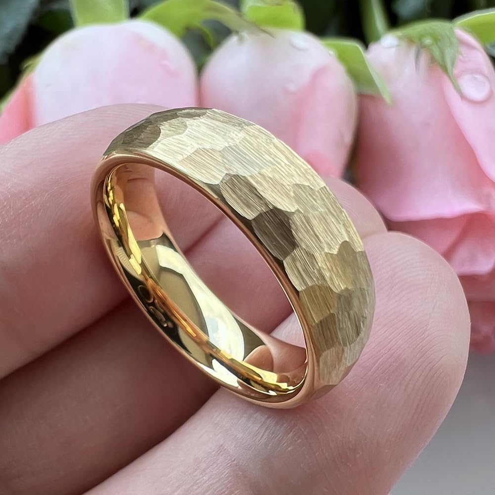 TUTISS 6mm Gold Hammered Tungsten Rings for Men Women Engagement Wedding Bands Domed I Love You Engraved Comfort Fit Size 7