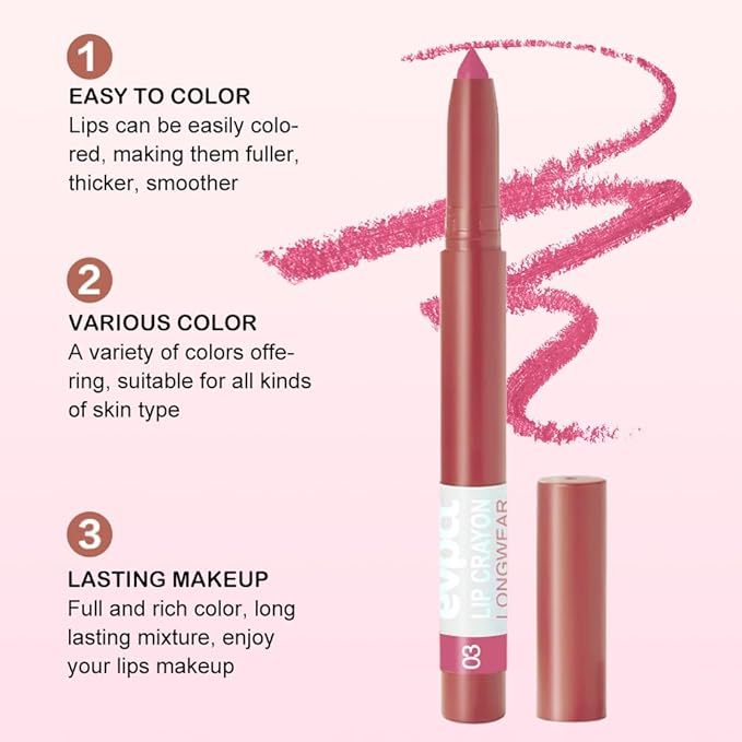 evpct Dusty Rose Lip Liner Crayon Pencils Set for Women, Purple Beige Matte Lip Stick Crayon Long Lasting, Lips Pencil Liner and Lipstick Set, Lipliner Pencil, 24 Hours Lipstick, Built-in Sharpener 03