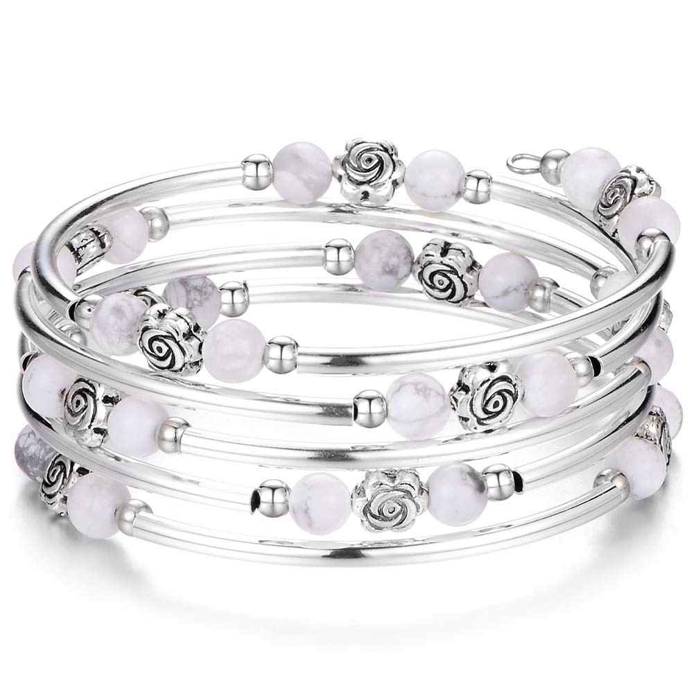BULINLIN Wrap Bangle Rose Bead Bracelet - Beaded Bracelet with Natural Agate Stone Gifts For Women(01-Howlite)