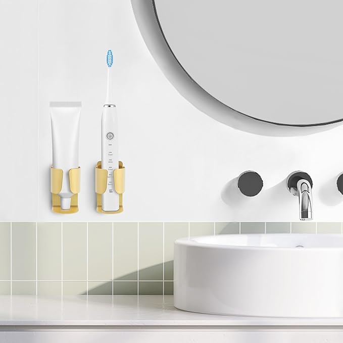 Electric Toothbrush Holder Wall Mount, 304 Stainless Steel Self-Adhesive Bathroom Organizer for Electric Toothbrush, Toothpaste & Face Wash-Space Saving, Waterproof, Holds Up to 10lbs (Golden 2 Pack)