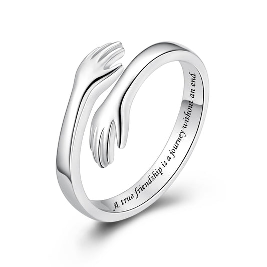 ACJFA S925 Sterling Silver Hug Ring for Women Adjustable Thumb Ring Birthday Gifts (A true friendship is a journey without an end)