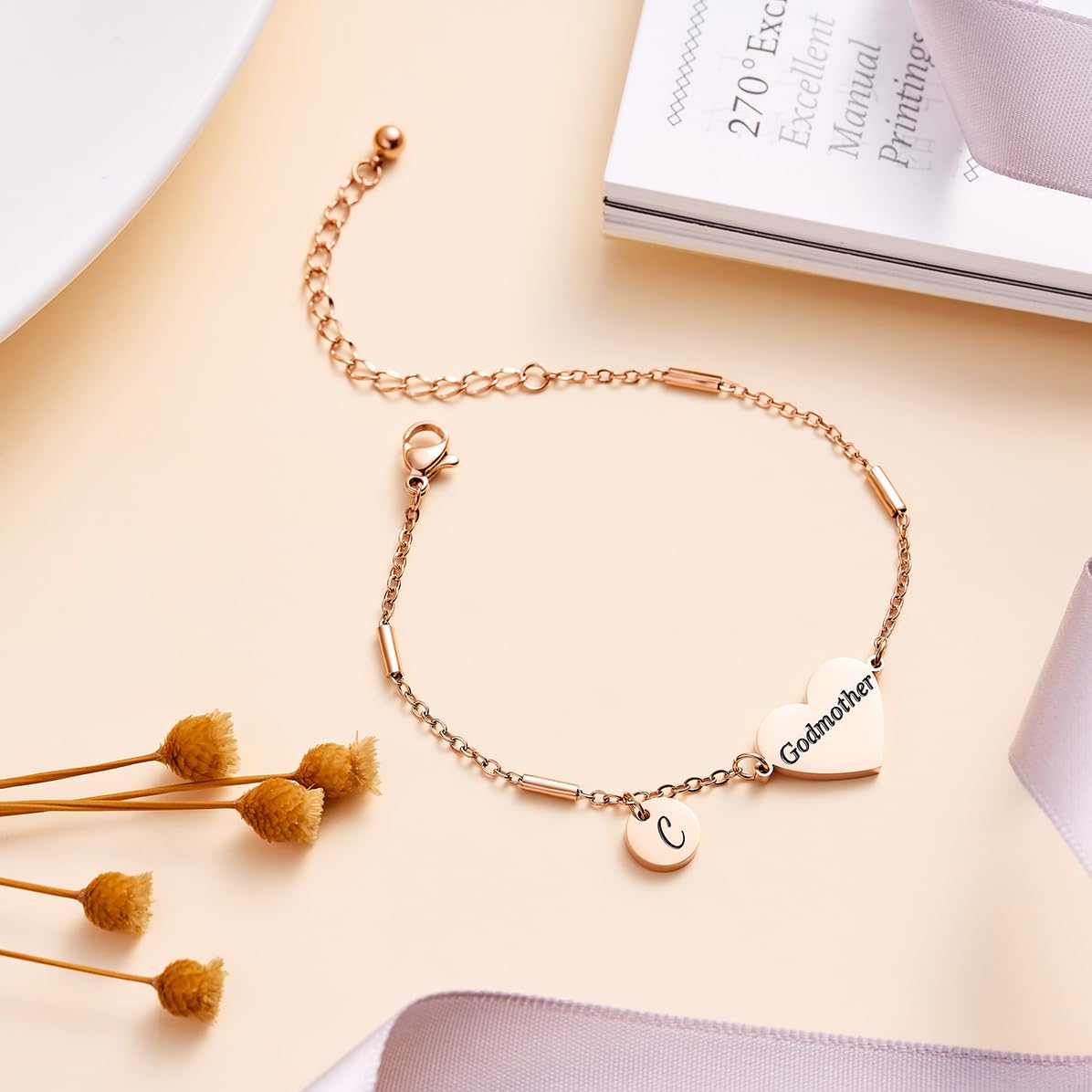 CHENVA Godmother Gifts Initial Bracelet Bangle for Women Gift for Godmother from Goddaughter (Godmother Bracelet-C-Rose Gold)